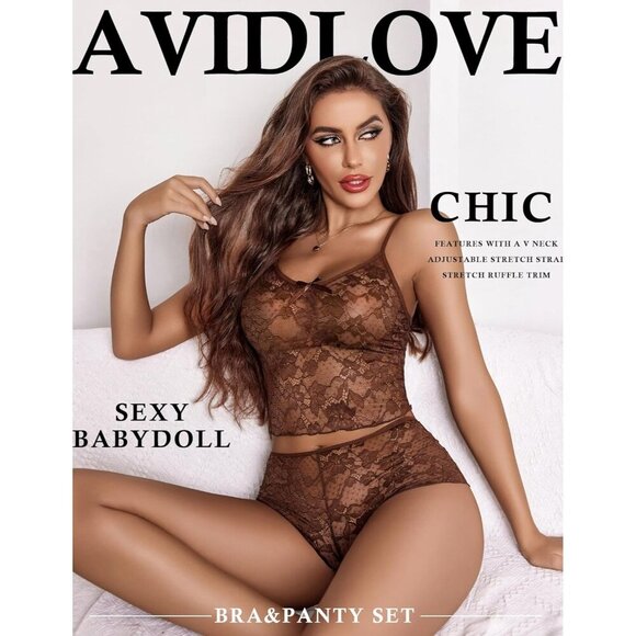 🆕Women Brown Lace Bra and Panty Set V Neck Baby doll 2 Piece Mesh Bralette Set - Picture 2 of 6